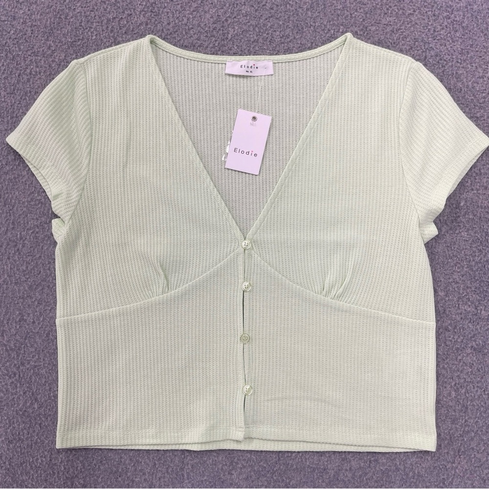 Elodie Light Mint Ribbed Button-Front Crop Top